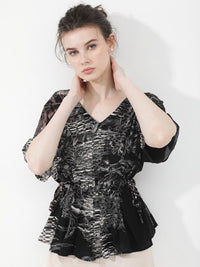 RAREISM Printed Kimono Sleeve V-Neck Cinched Waist Top