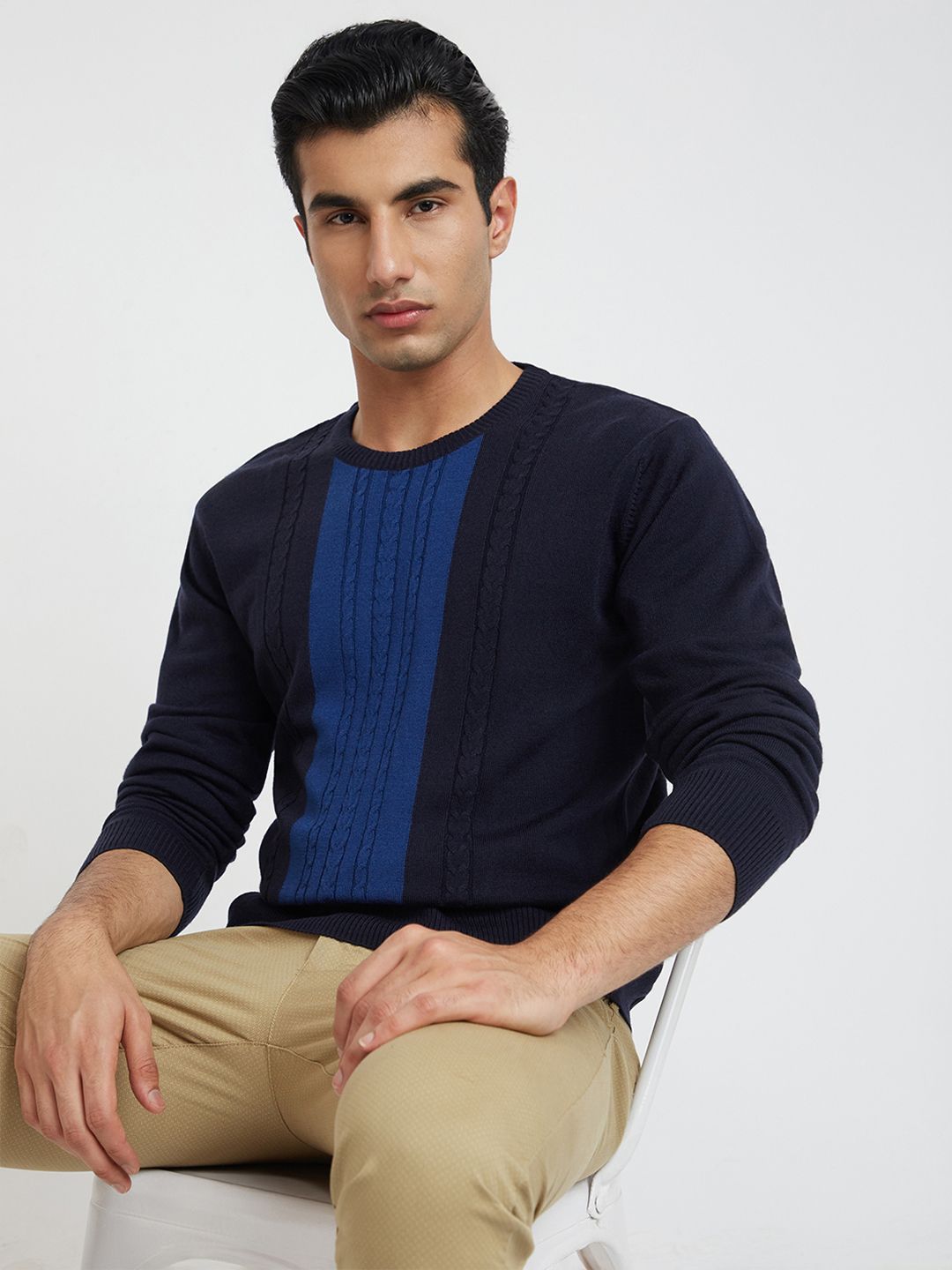 Raymond Men Blue Cable Knit Woolen Pullover