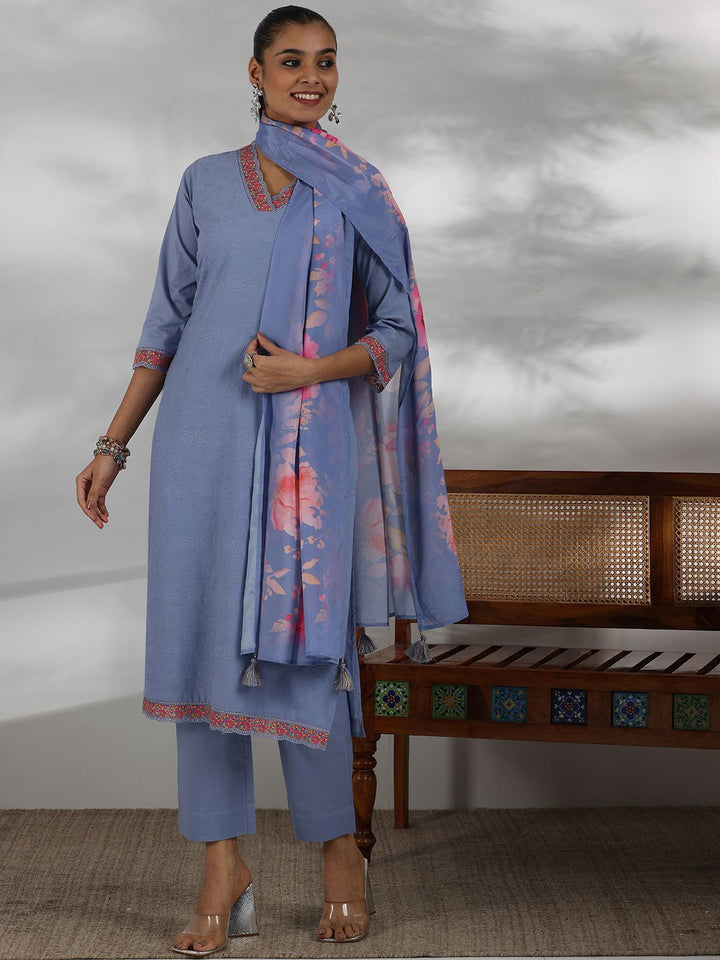 Libas Women Floral Embroidered Regular Thread Work Pure Cotton Kurta with Trousers & With Dupatta