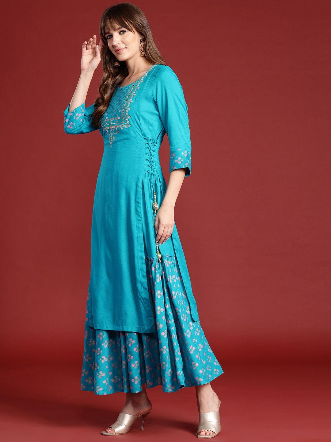 Anouk Ethnic Printed Yoke Embroidered Layered Kurta with Dupatta