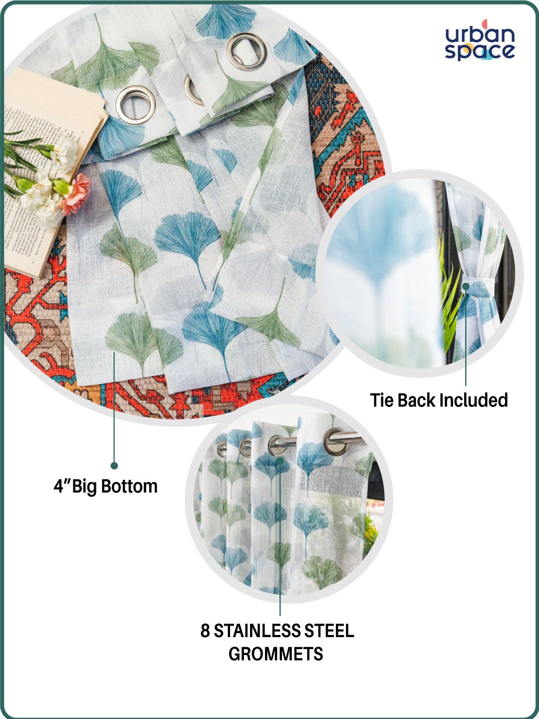 URBAN SPACE Pack Of 2 Green Floral Printed Door Curtains