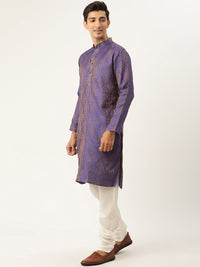 SOJANYA Men Blue Ethnic Motifs Jacquard Silk Kurta with Churidar & Nehru Jacket