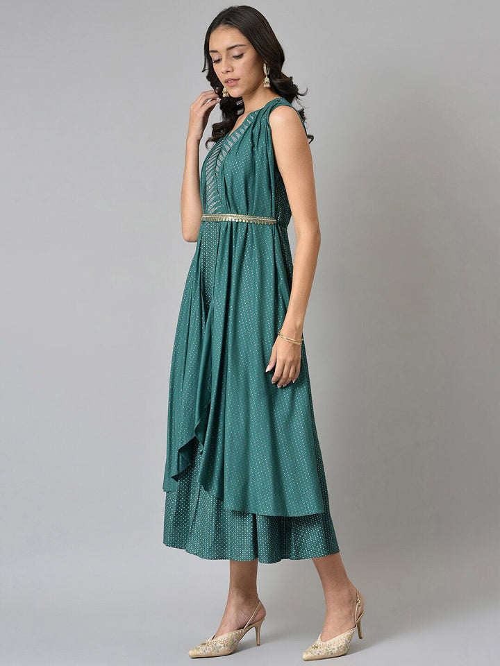 W Women Green Gilet Kimono Jumpsuit With Embellished Belt