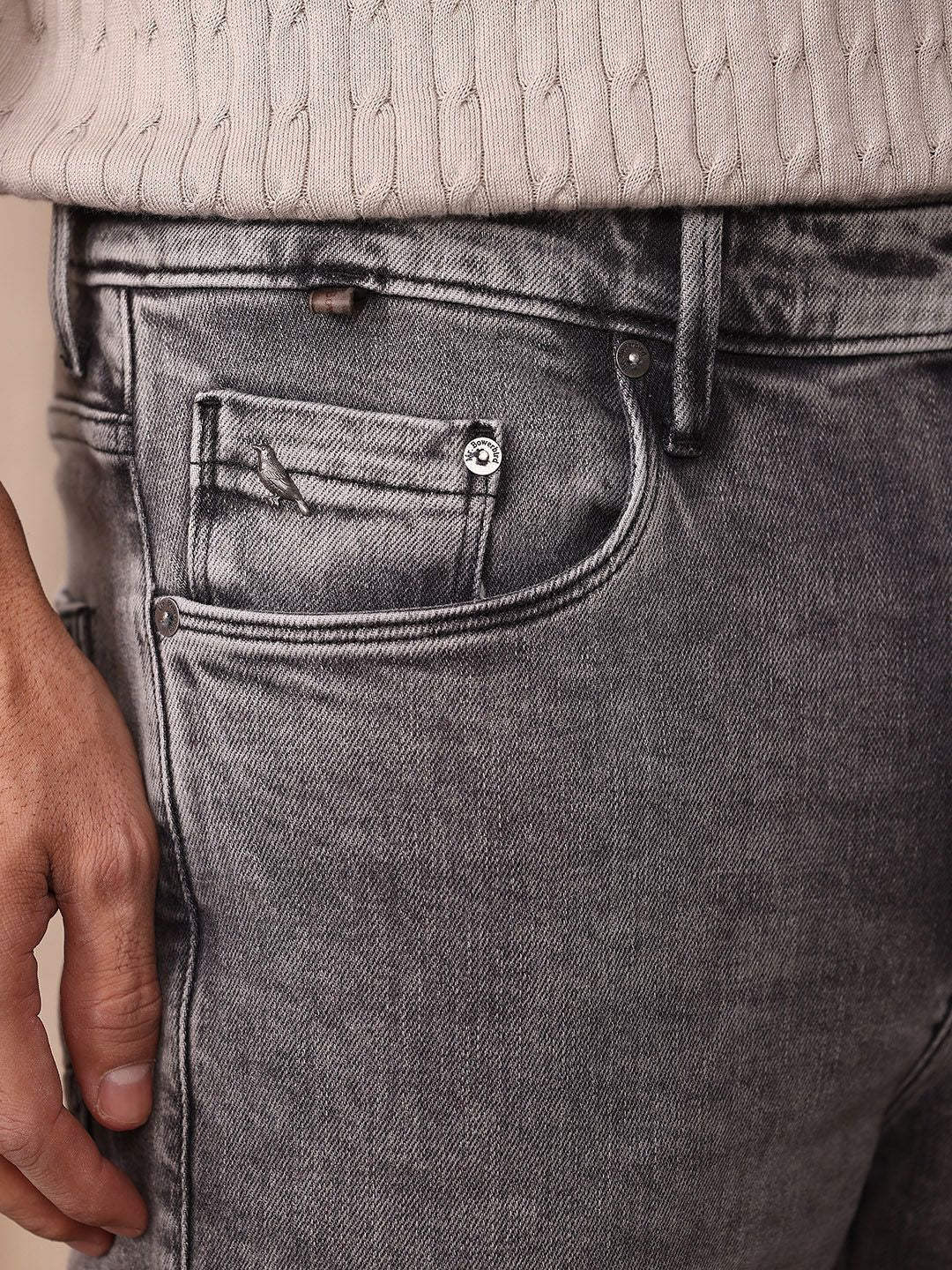 Mr Bowerbird Men Tapered Fit Mid-Rise Heavy Fade Cropped Stretchable Cargo Styles Jeans