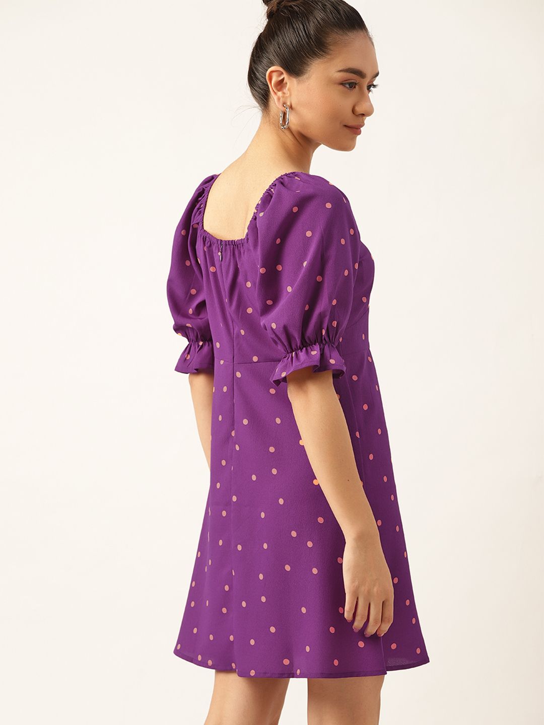 DressBerry Purple & Orange Polka Dots Printed A-Line Dress