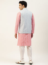 SOJANYA Men Pink & White Embroidered Thread Work Kurta with Churidar & Nehru Jacket