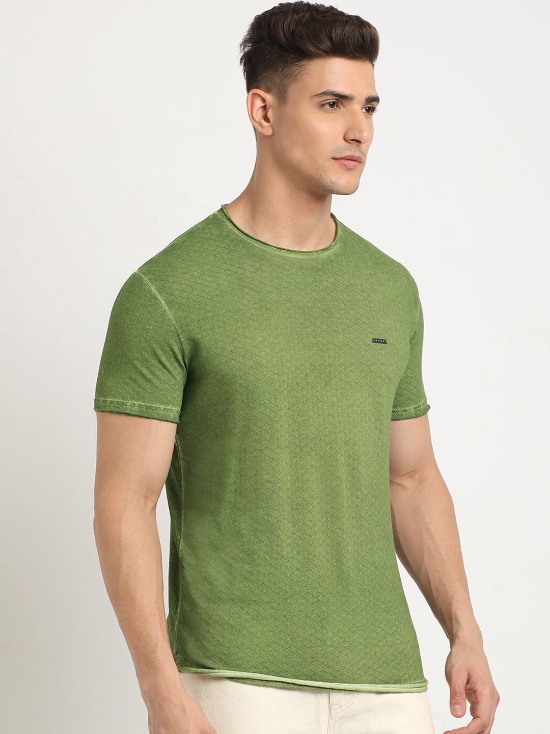 THE BEAR HOUSE Self Design Round Neck Short Sleeves Slim Fit Cotton T-shirt