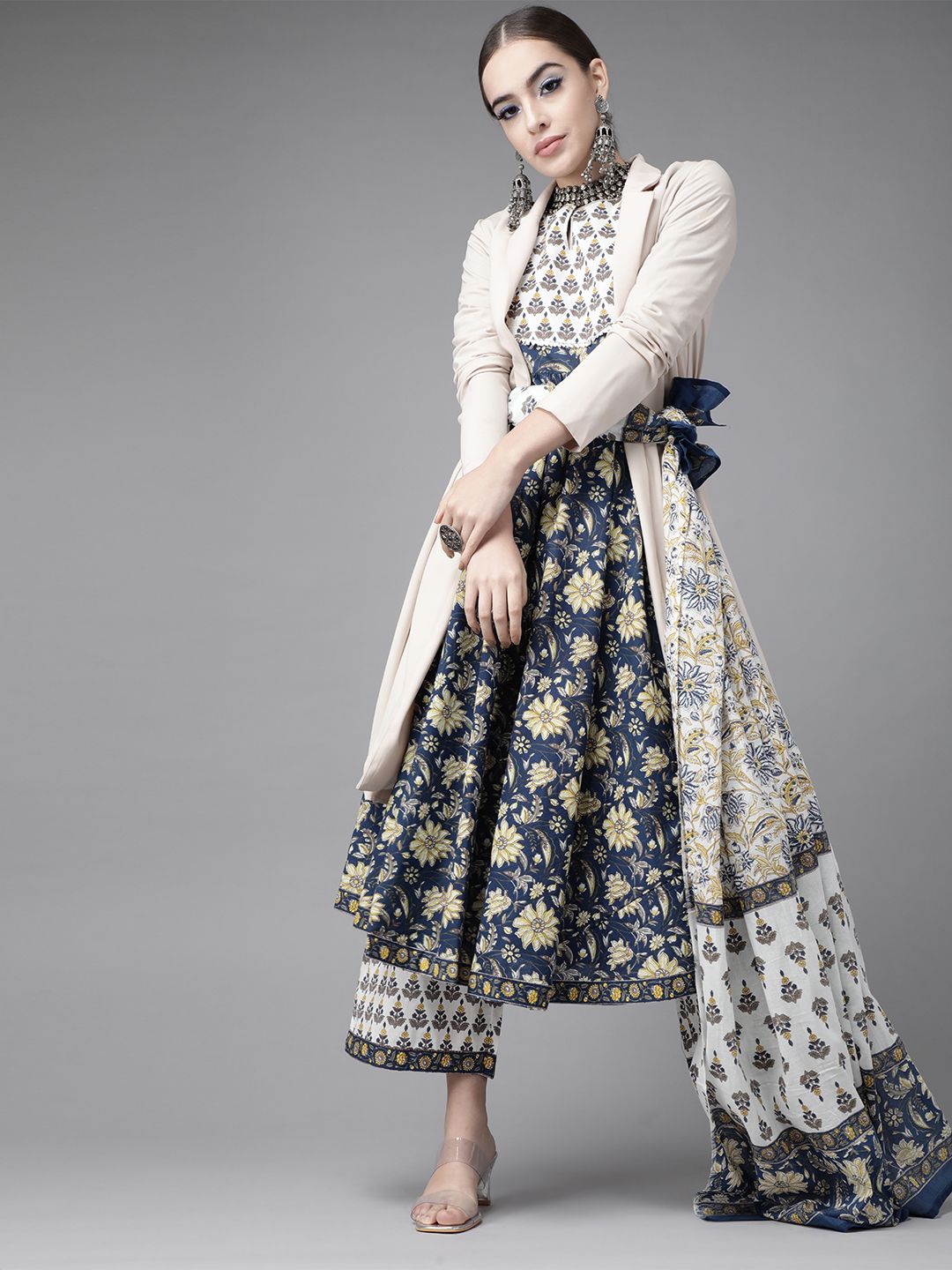Libas Womens Blue Printed Cotton Anarkali Kurta dengan Palazzos & Dupatta