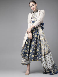 Libas Women Navy Blue Pure Cotton Floral Print Kurta with Palazzos & Dupatta