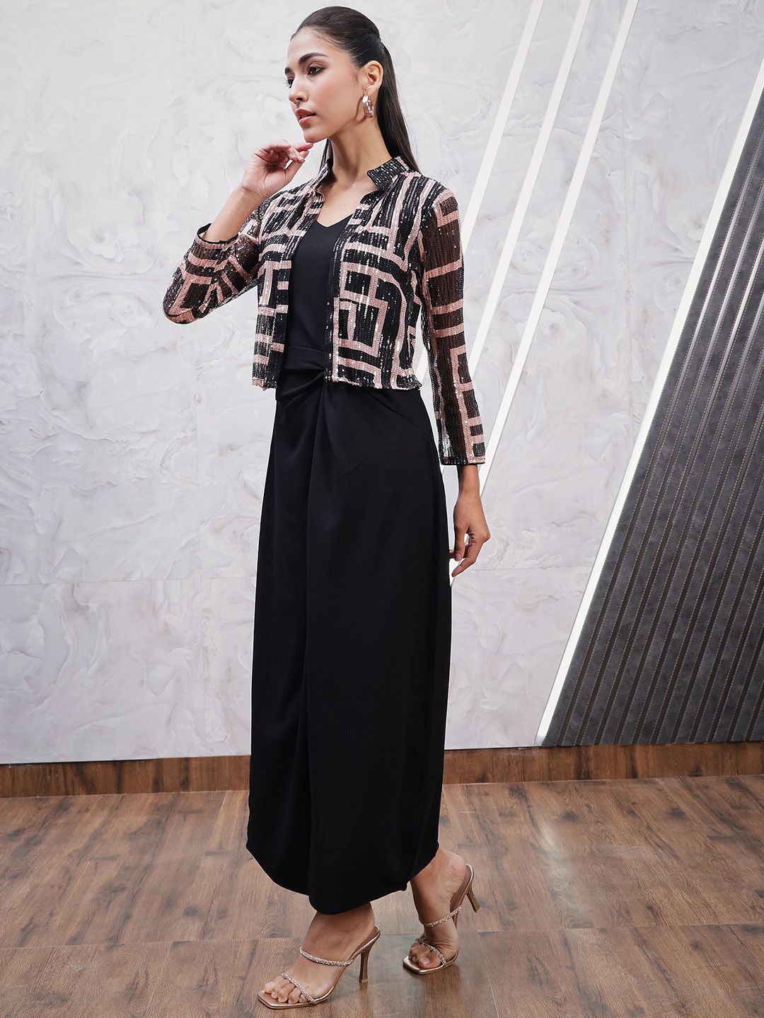 Athena Geometric Printed Embellished V-Neck Sheath Dress With Jacket