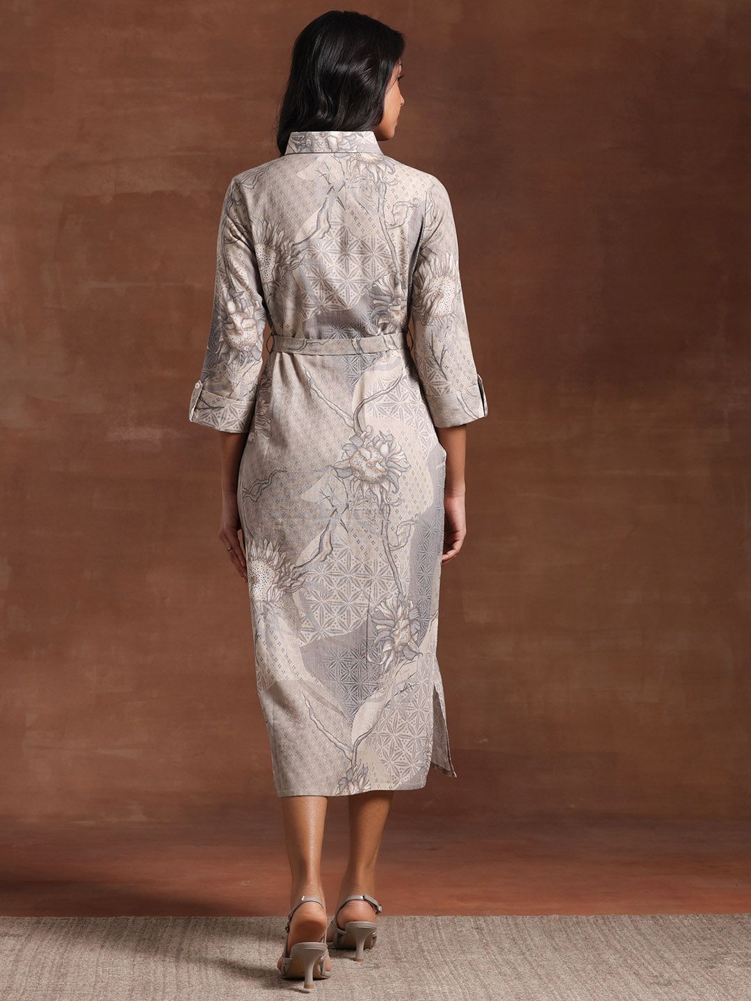 Libas Floral Printed Linen Shirt Collar A-Line Dress