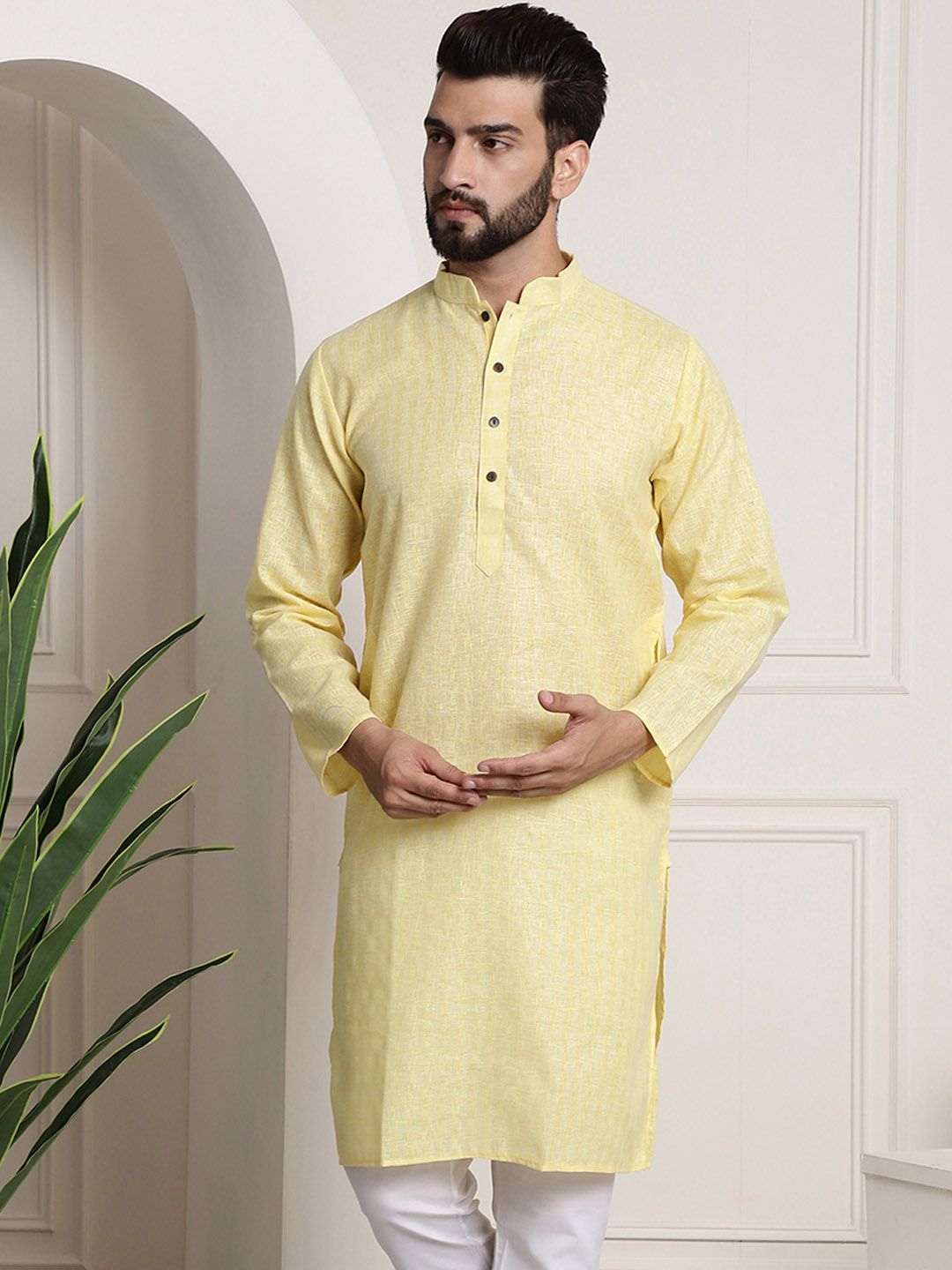 SOJANYA Men Yellow Dobby Self-Checked Straight Kurta