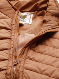 Campus Sutra Women Brown raffia Striped Windcheater Longline Outdoor Puffer Jacket