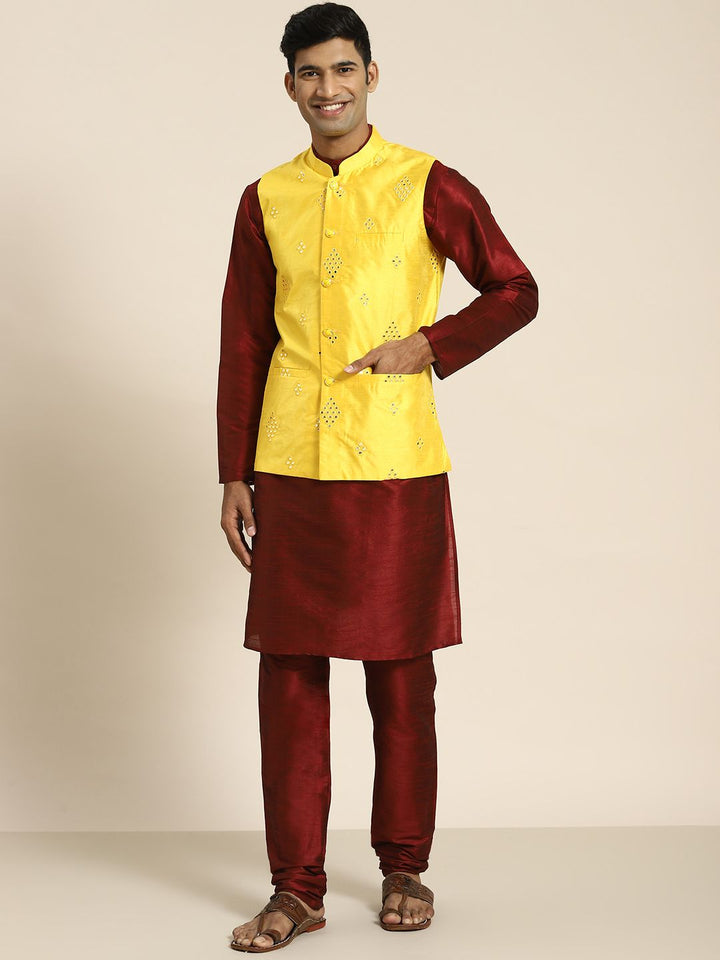SOJANYA Men Maroon Mirror Work Kurta with Churidar