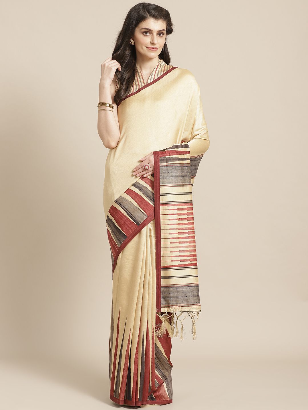 Saree mall Beige & Maroon Solid Bhagalpuri Saree
