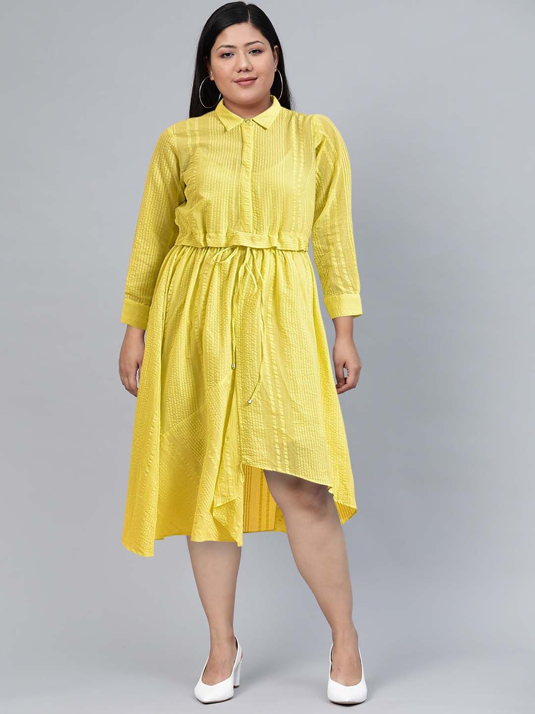W Cuffed Sleeve Shirt Midi Cotton Dress