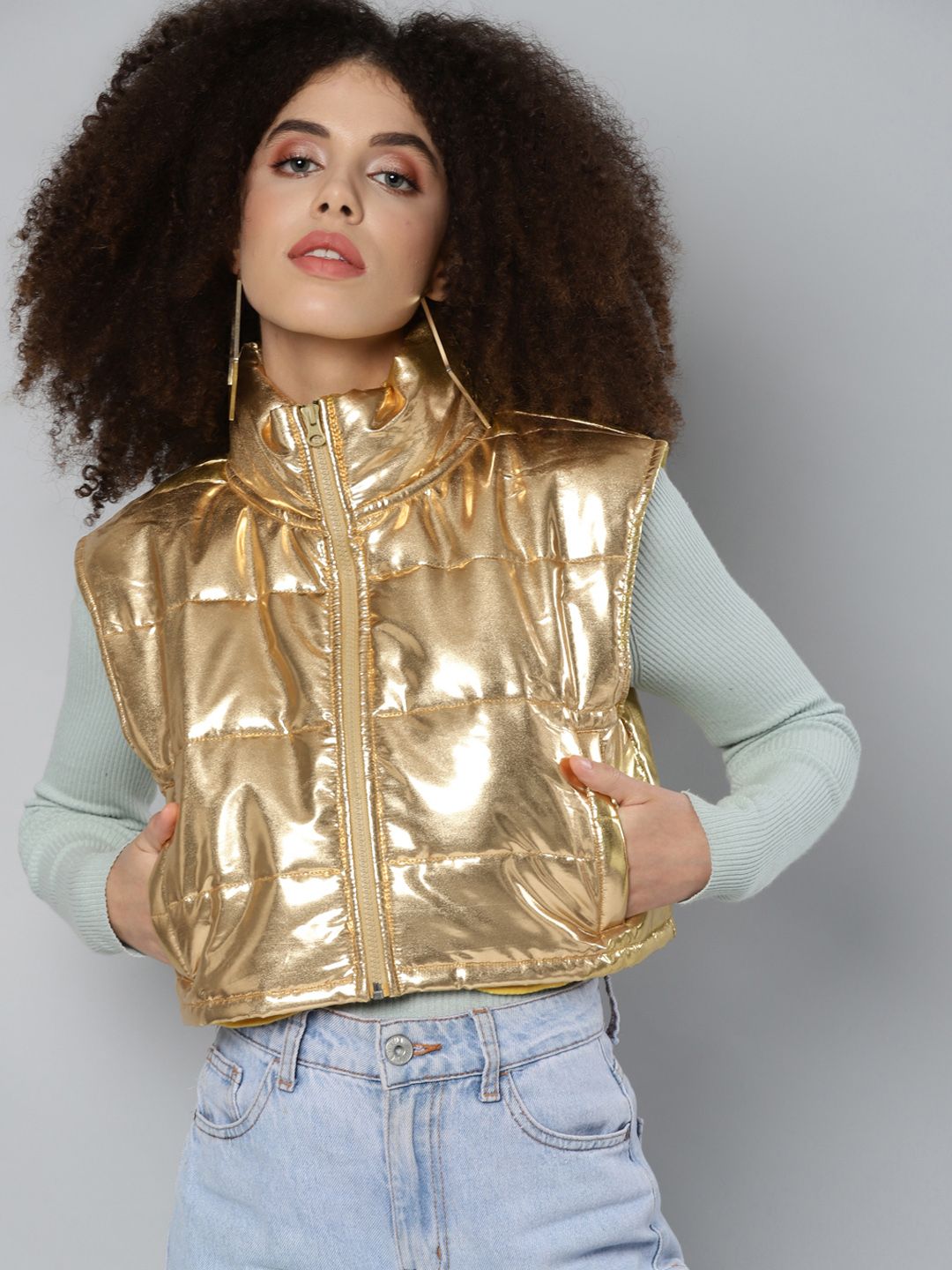 SASSAFRAS Women Gold-Toned Crop Padded Jacket