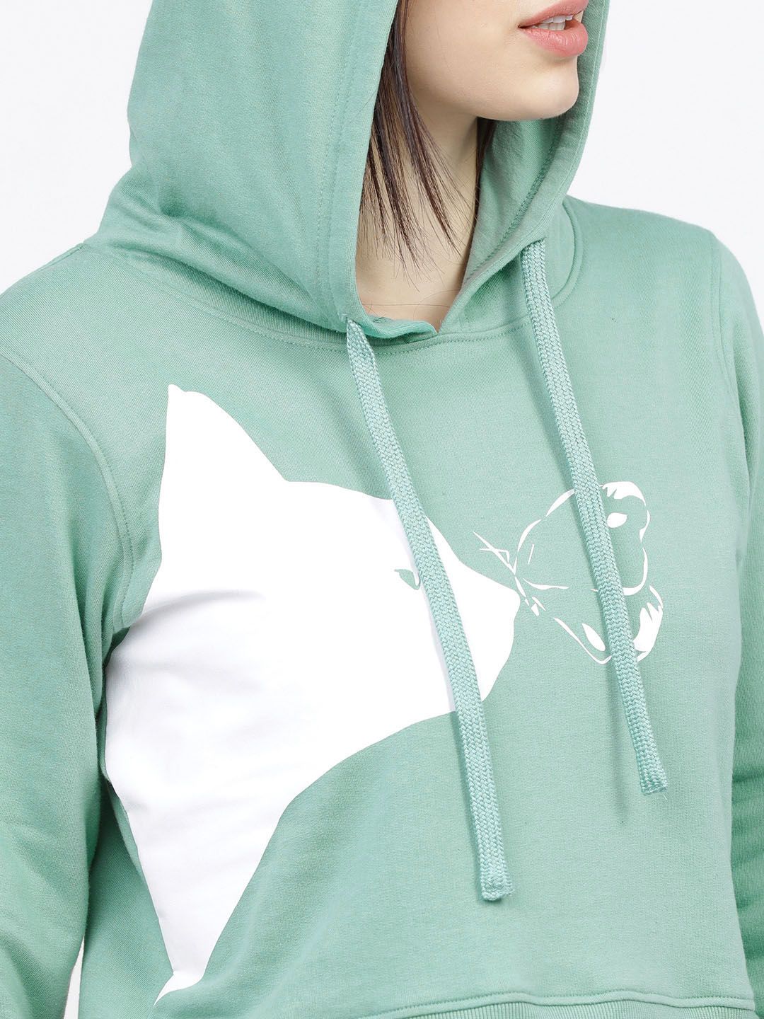 Tokyo Talkies Women Green & White Printed Hooded Sweatshirt