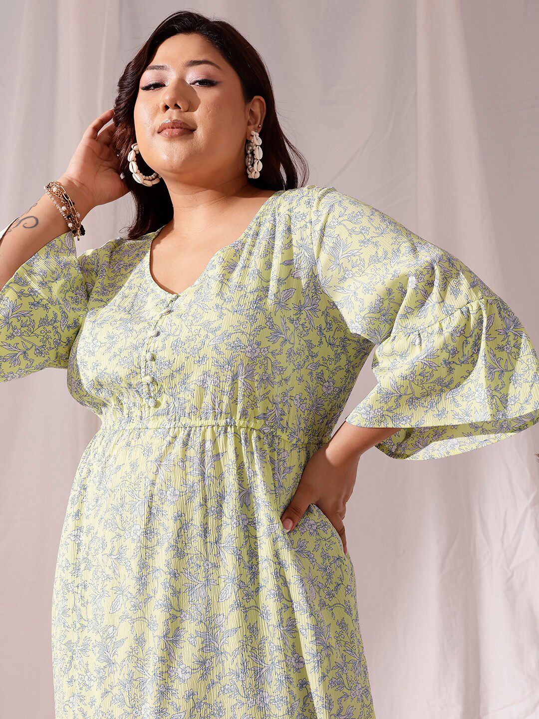 CURVY STREET Plus Size Floral Print V-Neck Long Bell Sleeve Fit & Flare Dress