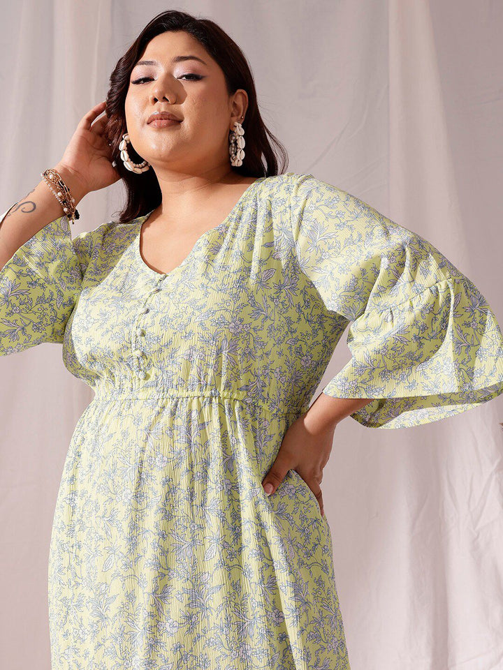CURVY STREET Plus Size Floral Print V-Neck Long Bell Sleeve Fit & Flare Dress