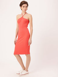 DressBerry Coral Craze 'It Girl' Halter Neck Hugged Ribbed Bodycon Dress