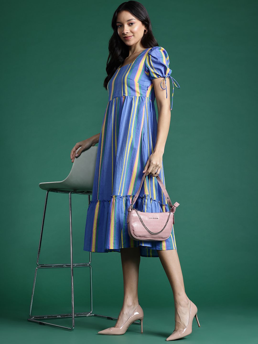 DressBerry Striped Puff Sleeve Fit & Flare Dress