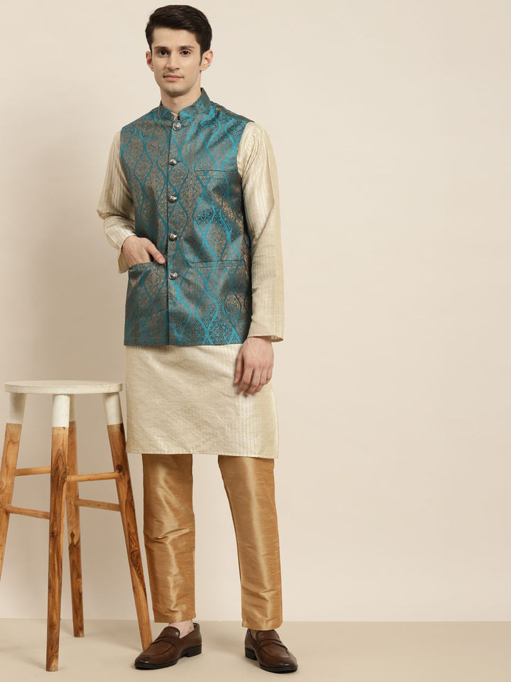 SOJANYA Kurta Belang Beige Lelaki dengan Piyama & Jaket Nehru