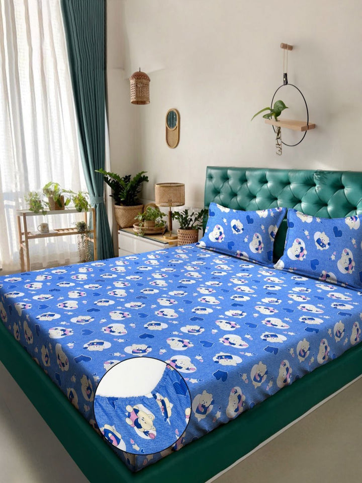 KLOTTHE Blue Conversational Pure Cotton 400 TC Dilengkapi Cadar King Superfine dengan 2 Sarung Bantal-98 x 89 inci