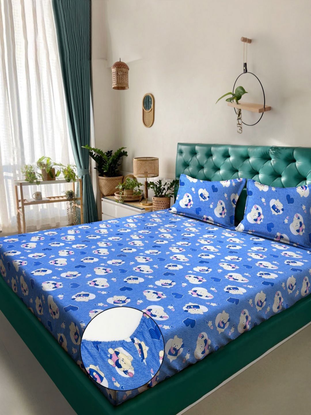 KLOTTHE Blue Conversational Pure Cotton 400 TC Dilengkapi Cadar King Superfine dengan 2 Sarung Bantal-98 x 89 inci