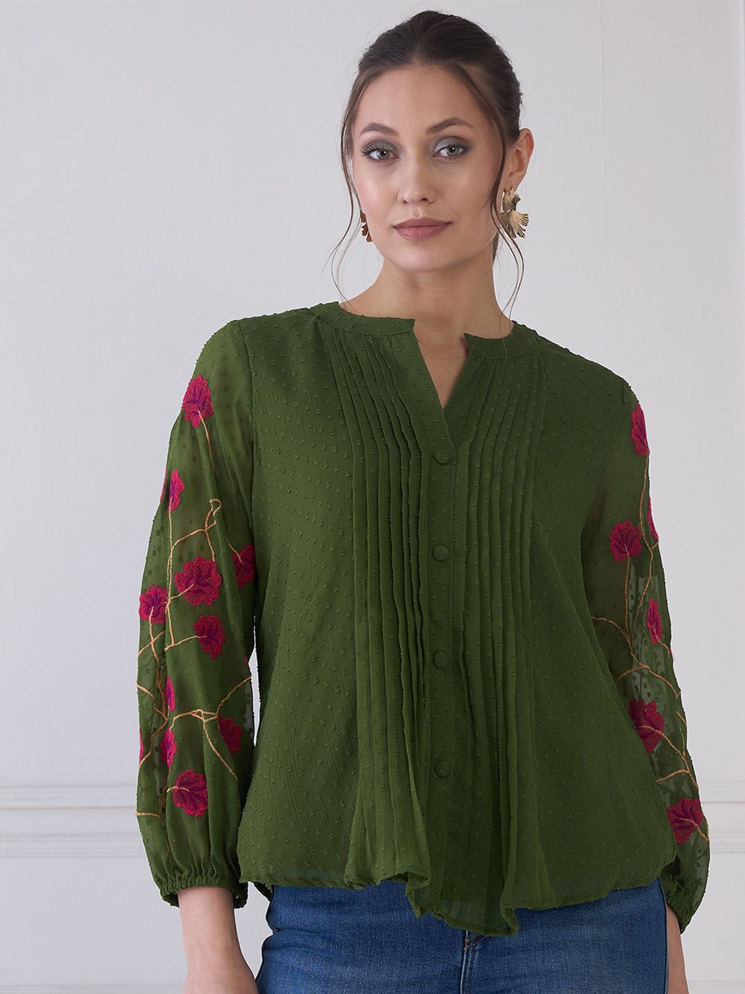 Antheaa Green Self Design Mandarin Collar Puff Sleeves Embroidered Chiffon Shirt Style Top
