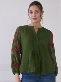 Antheaa Green Self Design Mandarin Collar Puff Sleeves Embroidered Chiffon Shirt Style Top