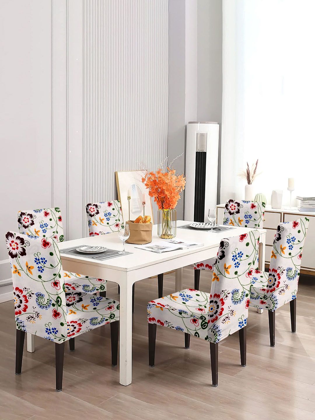 Cortina White 6 Pieces Floral Printed Dining Chair Covers