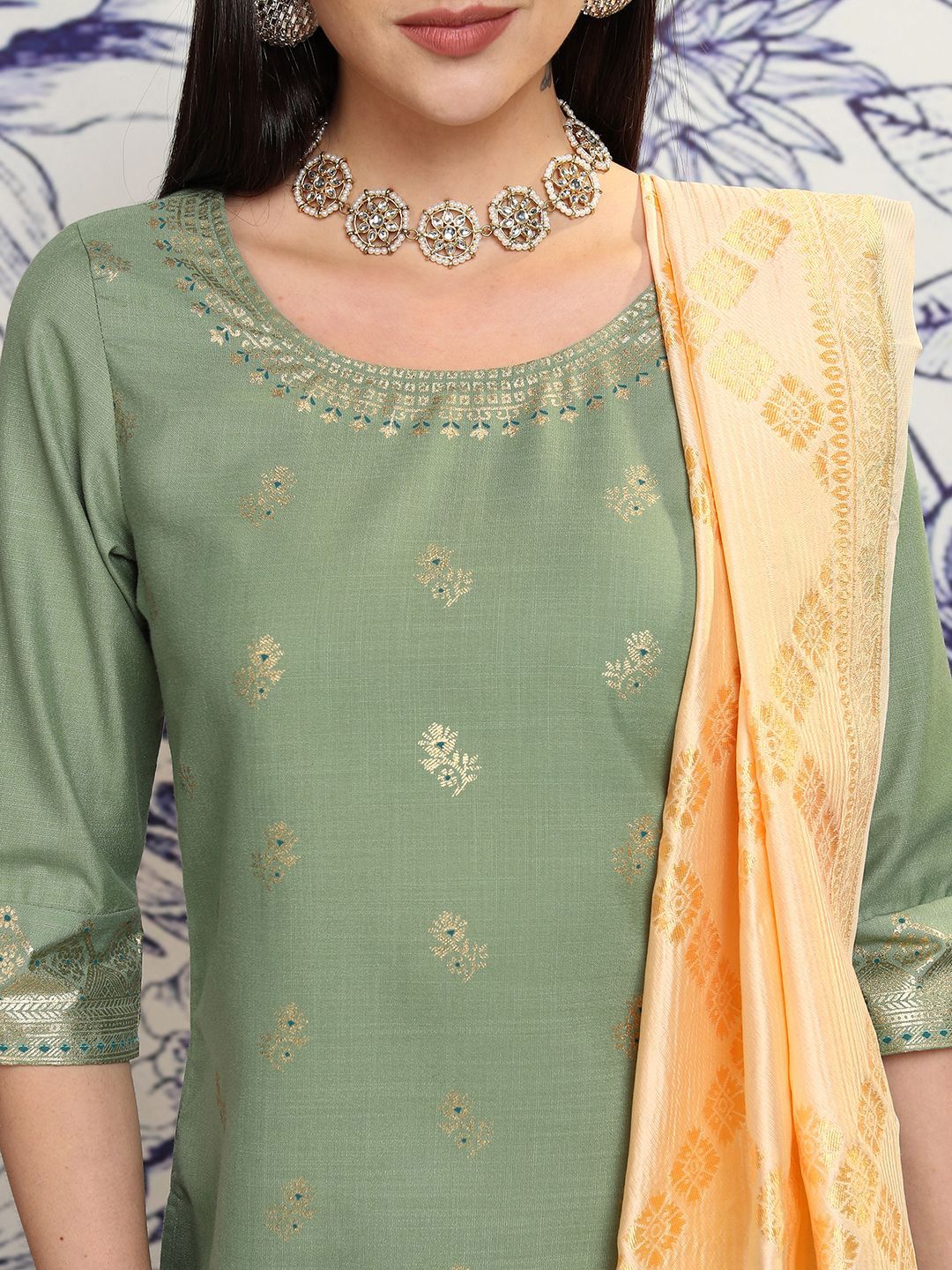 Vishudh Ethnic Motifs Woven Design Straight Kurta & Palazzos With Dupatta