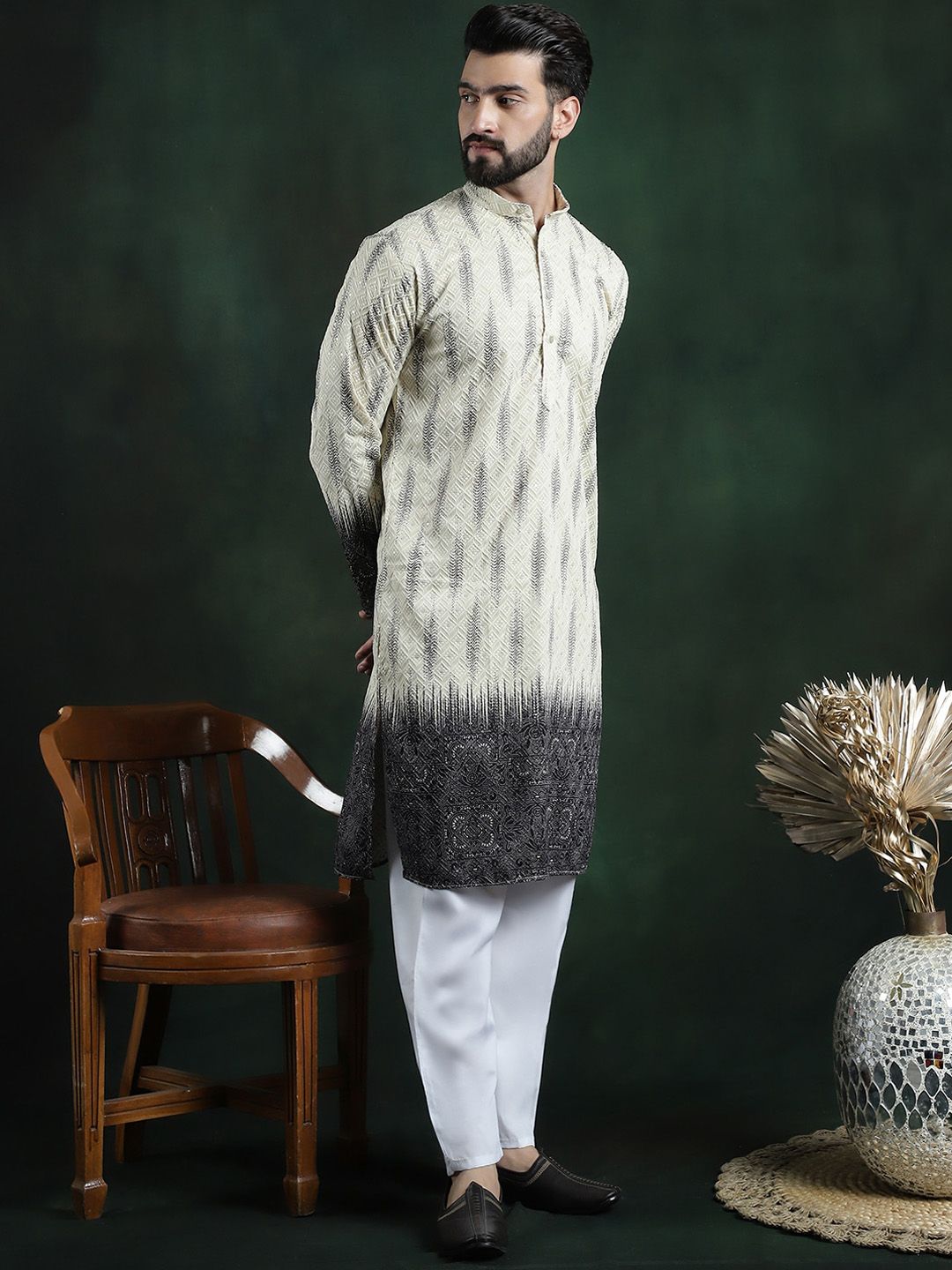 SOJANYA LUXE Floral Sulam Kurta Kapas Tulen Biasa dengan Pijama