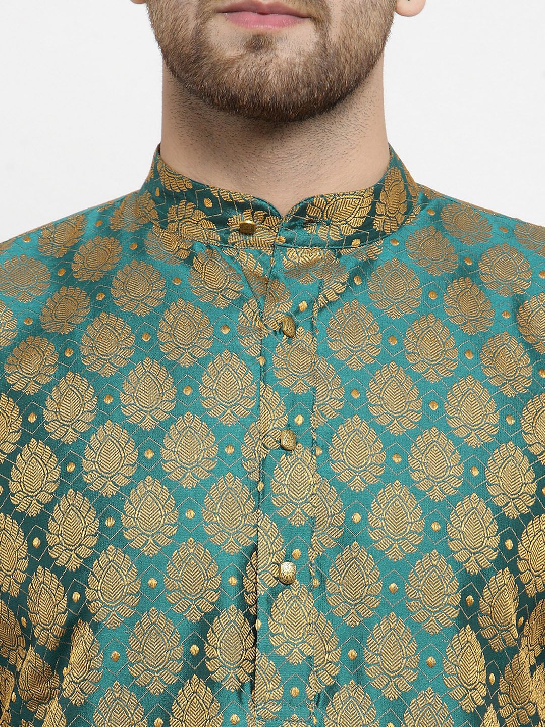 Jompers Men Green & White Woven Design Kurta with Churidar