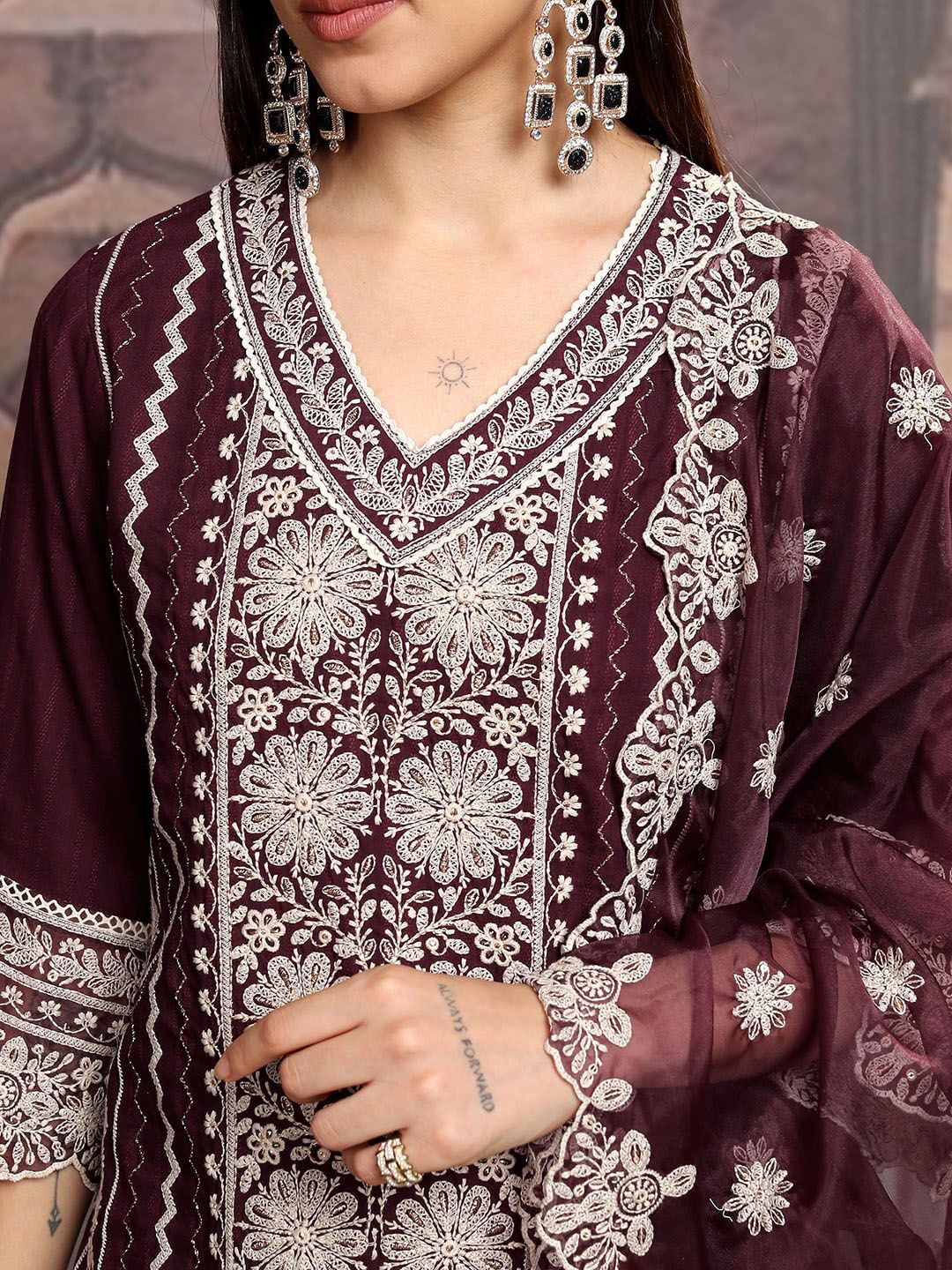 Vishudh Maroon Embroidered Thread Work Straight Kurta With Trousers & Dupatta