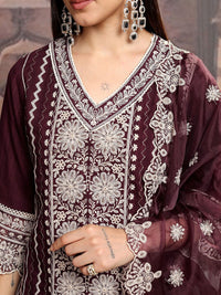 Vishudh Maroon Embroidered Thread Work Straight Kurta With Trousers & Dupatta
