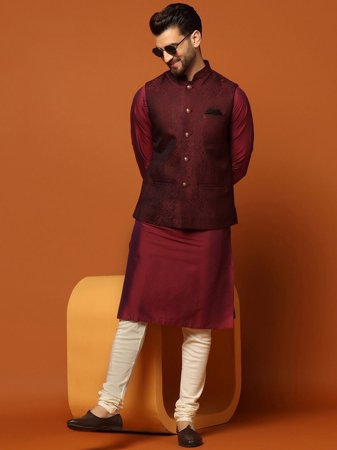 KISAH Mandarin Collar Regular Kurta with Churidar & Woven Design Nehru Jacket