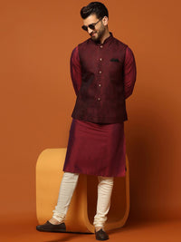 KISAH Mandarin Collar Regular Kurta with Churidar & Woven Design Nehru Jacket