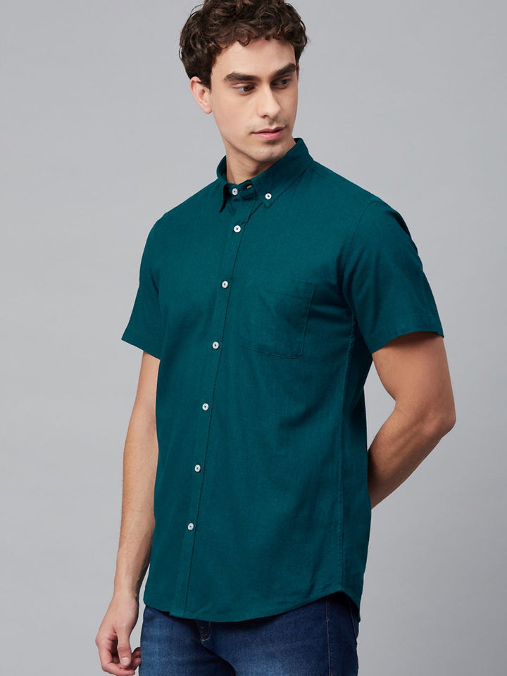 DENNISON Men Teal Green Smart Slim Fit Solid Cotton Linen Casual Shirt