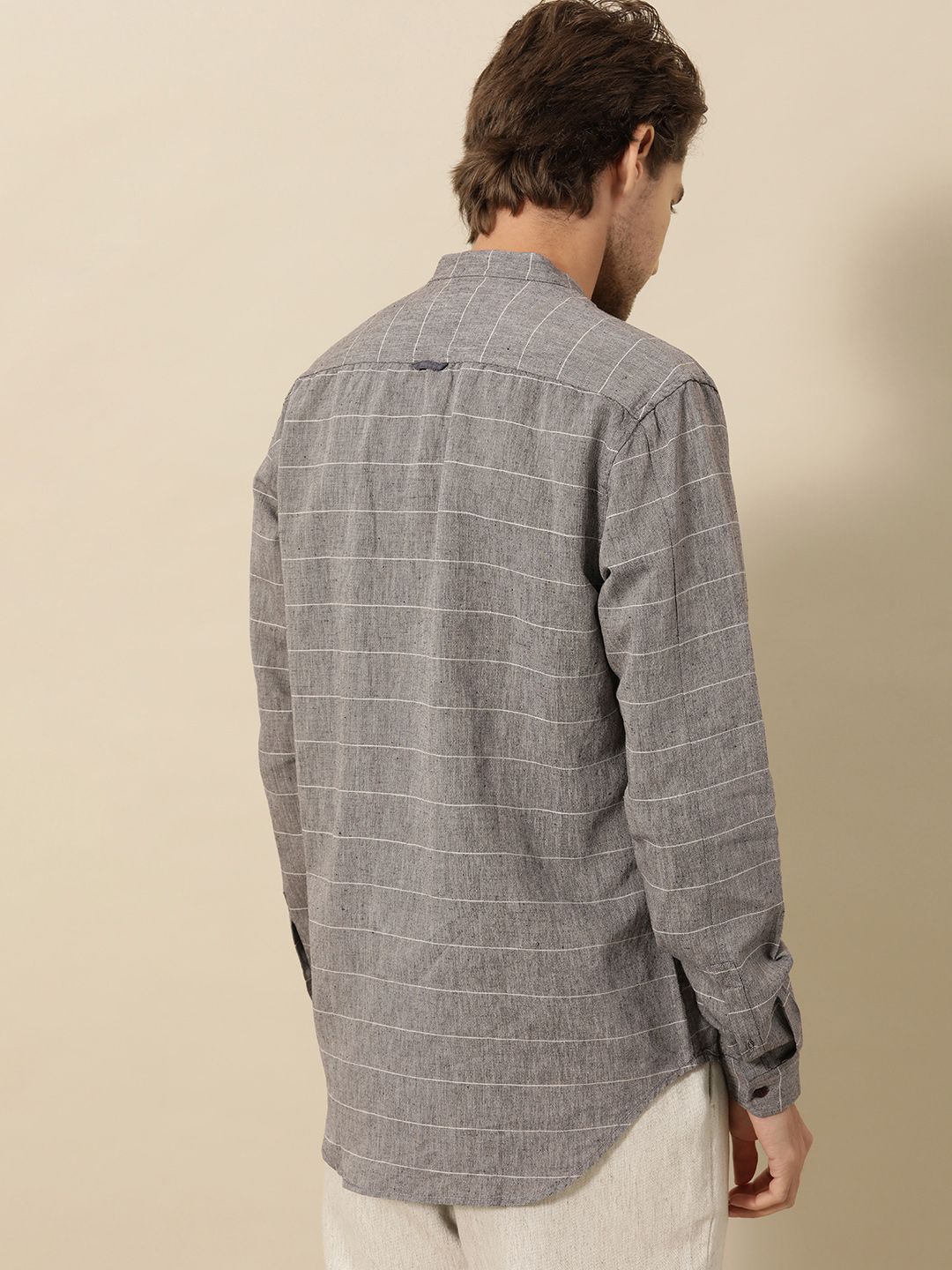 Mr Bowerbird Men Grey Tailored Fit Horizontal Stripes Casual Shirt
