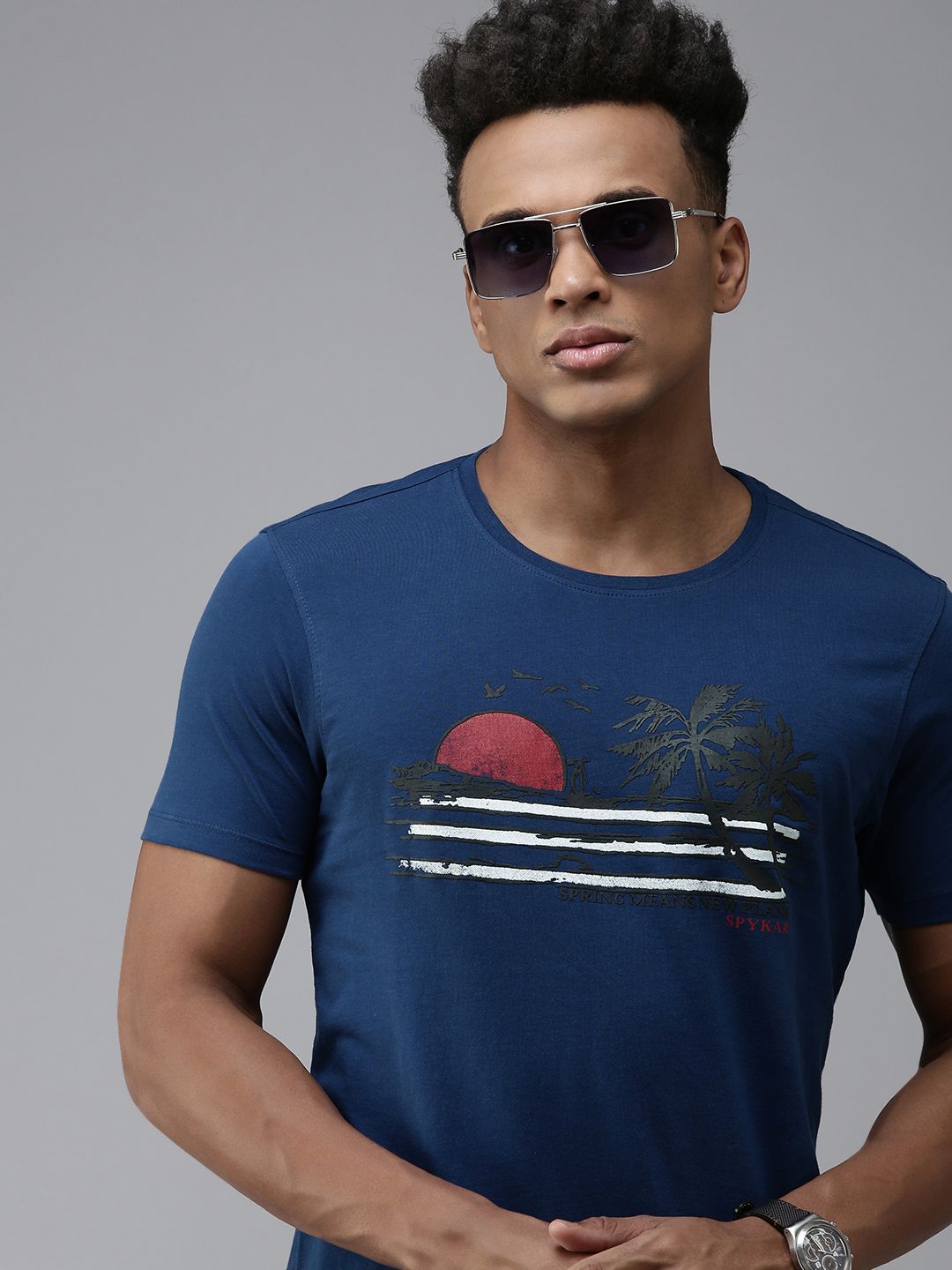 SPYKAR Graphic Print Round Neck Knitted Pure Cotton Slim Fit T-shirt