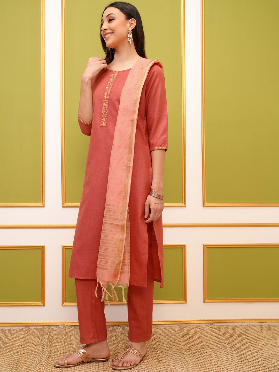 Vishudh Coral Round Neck Embroidery Straight Kurta & Palazzos With Dupatta