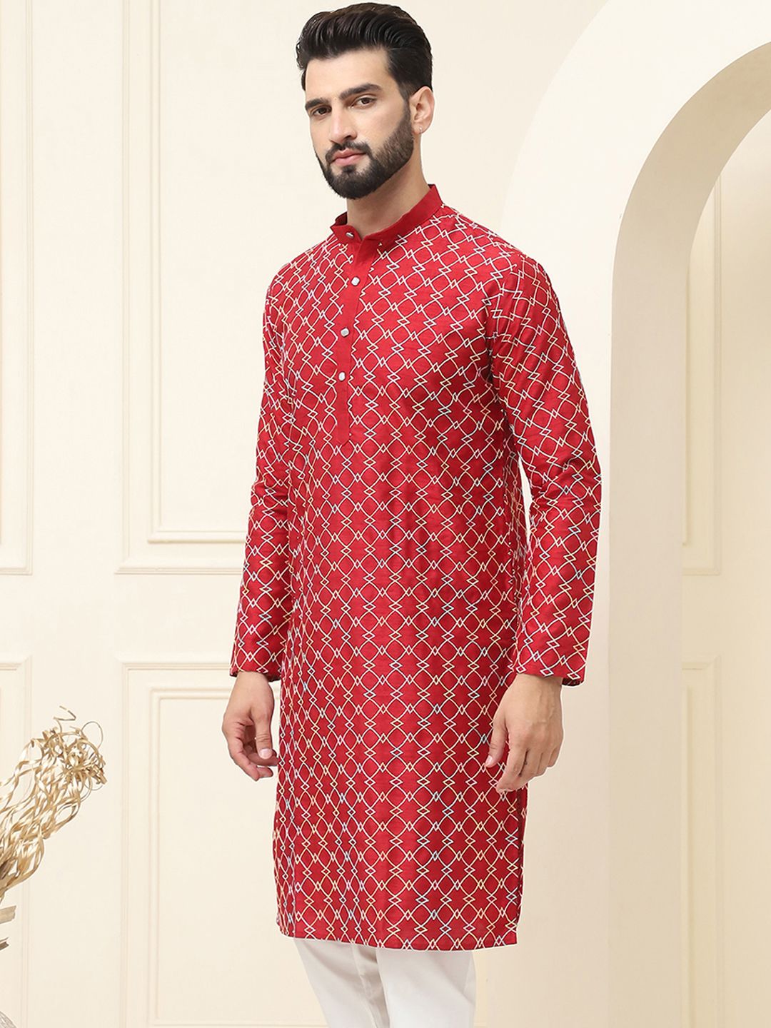 SOJANYA Geometrik Sulam Benang Kerja Sutera Cotton Kurta