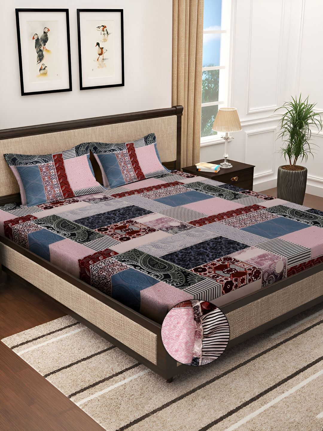 KLOTTHE Blue Ethnic Motif Printed 300TC Fitted Double King Bedsheet With 2 Pillow Covers