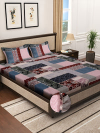 KLOTTHE Blue Ethnic Motif Printed 300TC Fitted Double King Bedsheet With 2 Pillow Covers