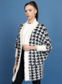 Tokyo Talkies Black Geometric Printed Fuzzy Acrylic Cardigan Sweater