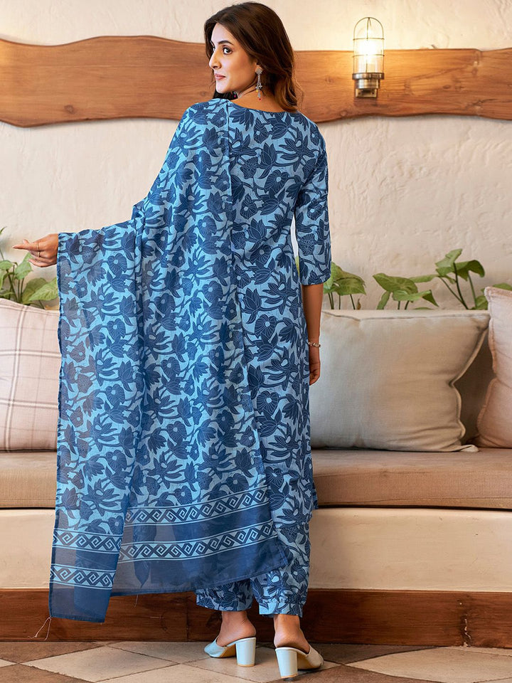 KALINI Floral Printed Regular V Neck Straight Kurta With Salwar & Dupatta