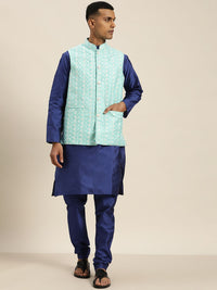 SOJANYA Lelaki Motif Etnik Biru Sulam Benang Kerja Kurta dengan Churidar