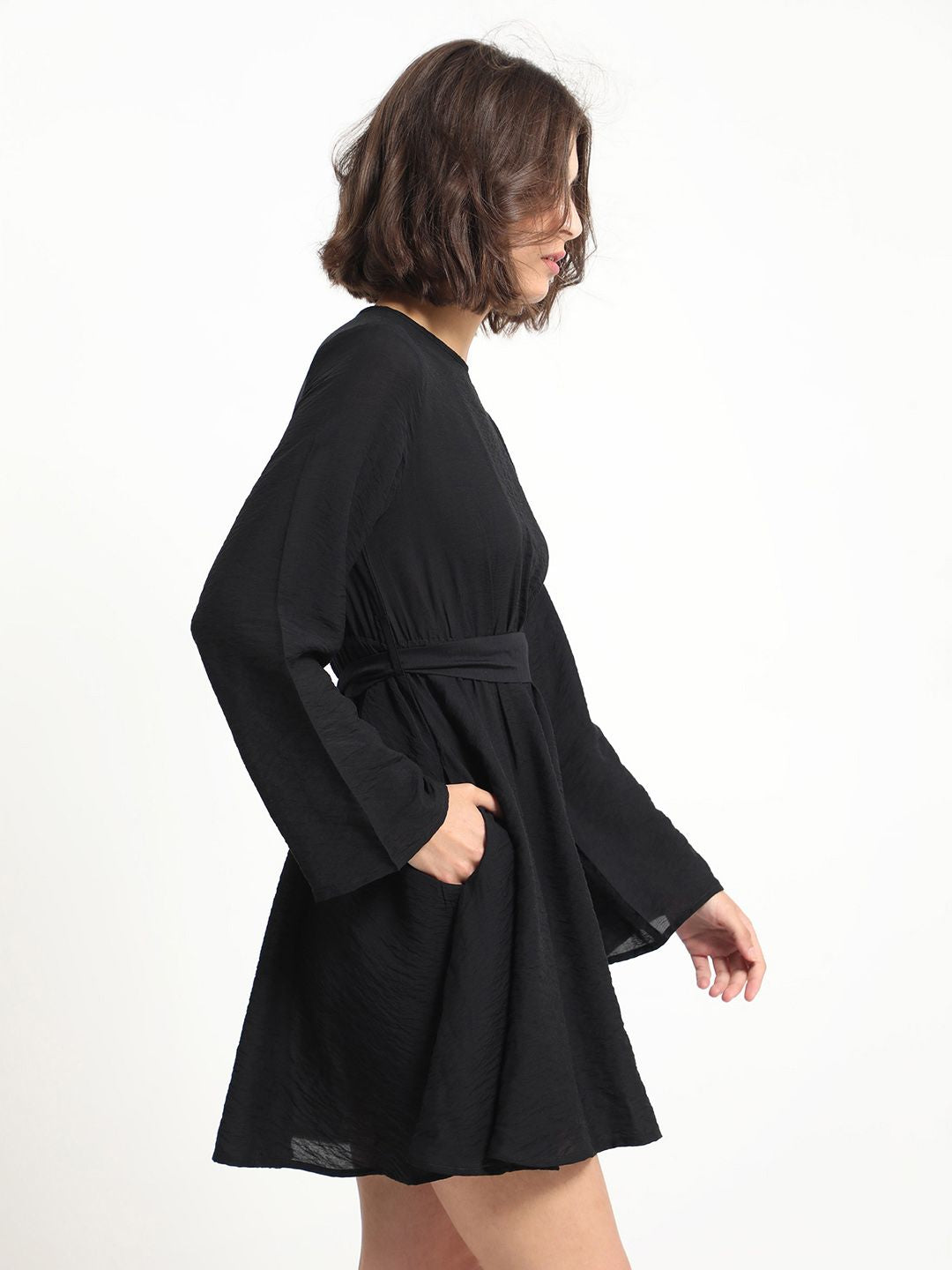 RAREISM Round Neck Flared Sleeves Gathered Fit & Flare Dress